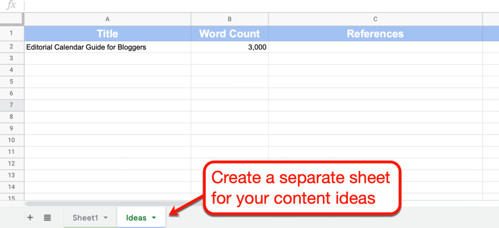 Google Sheets blog topics sheet