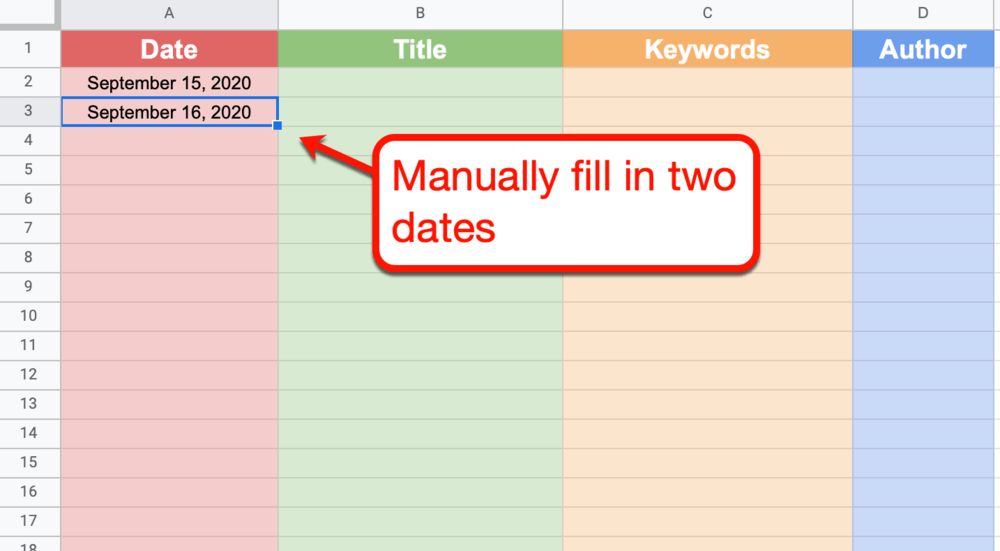 Google Sheets manually adding the first two dates