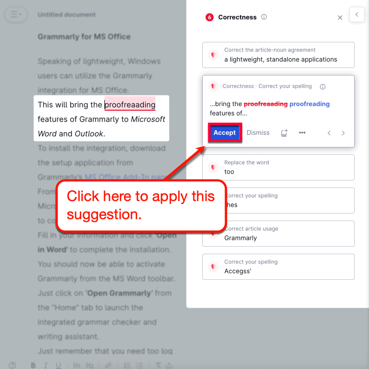 Accepting Grammarly's one-click suggestion