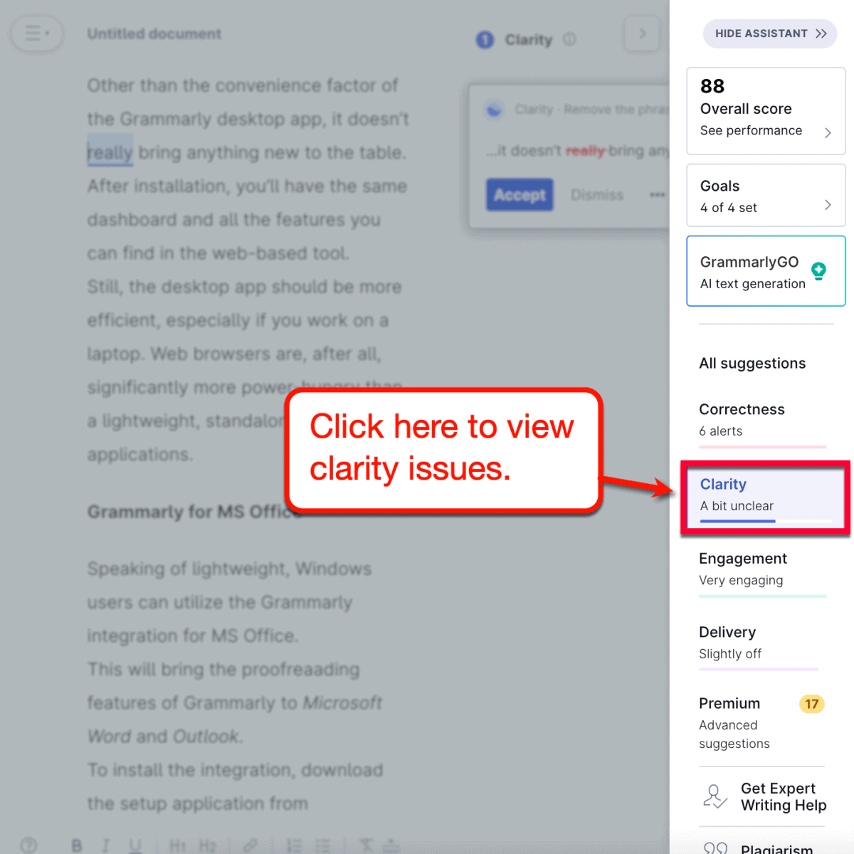 Viewing Grammarly clarity issues