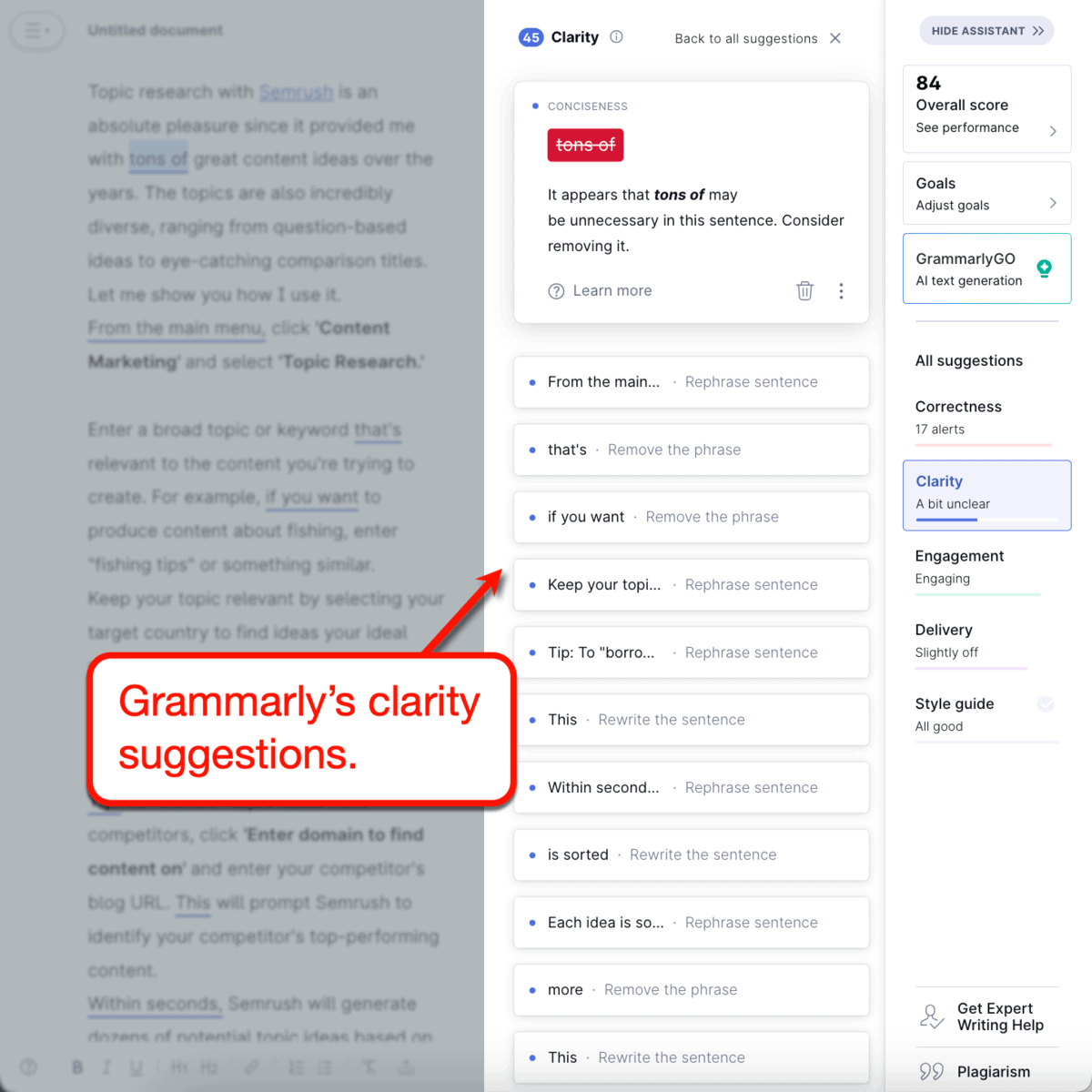 Grammarly Premium clarity suggestions