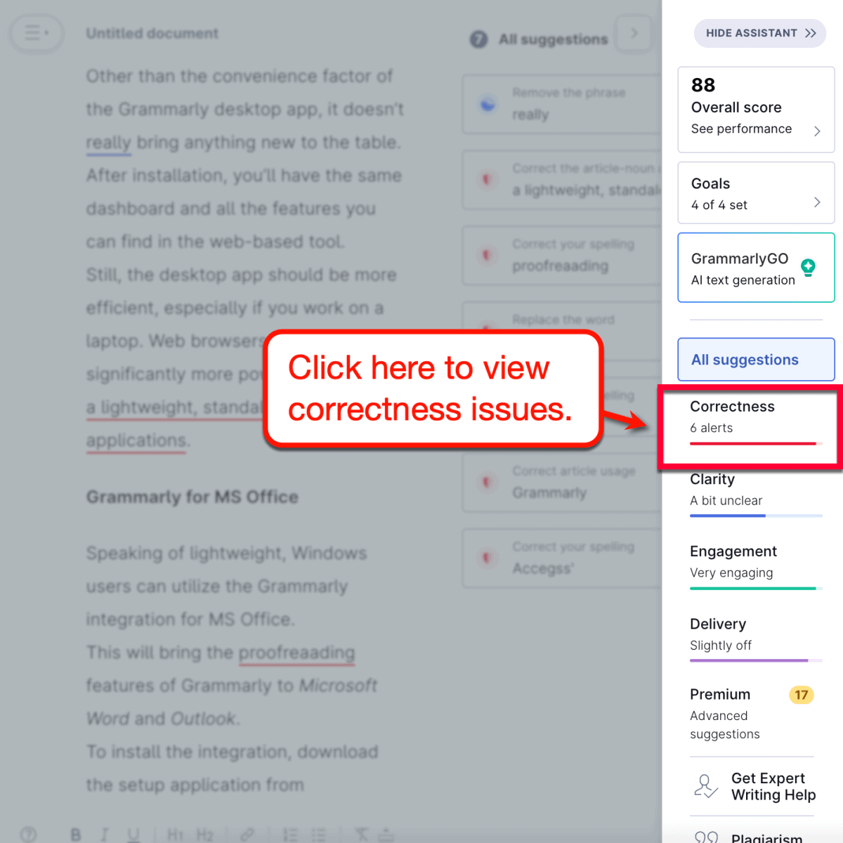 Grammarly Correctness suggestions button