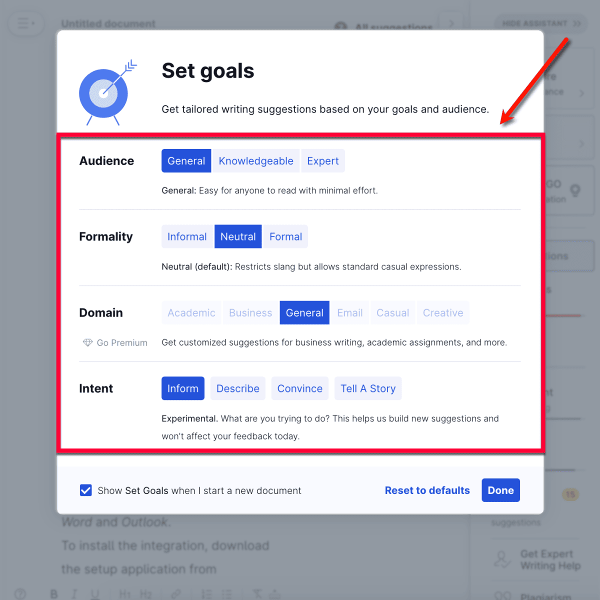 Setting custom Grammarly goals
