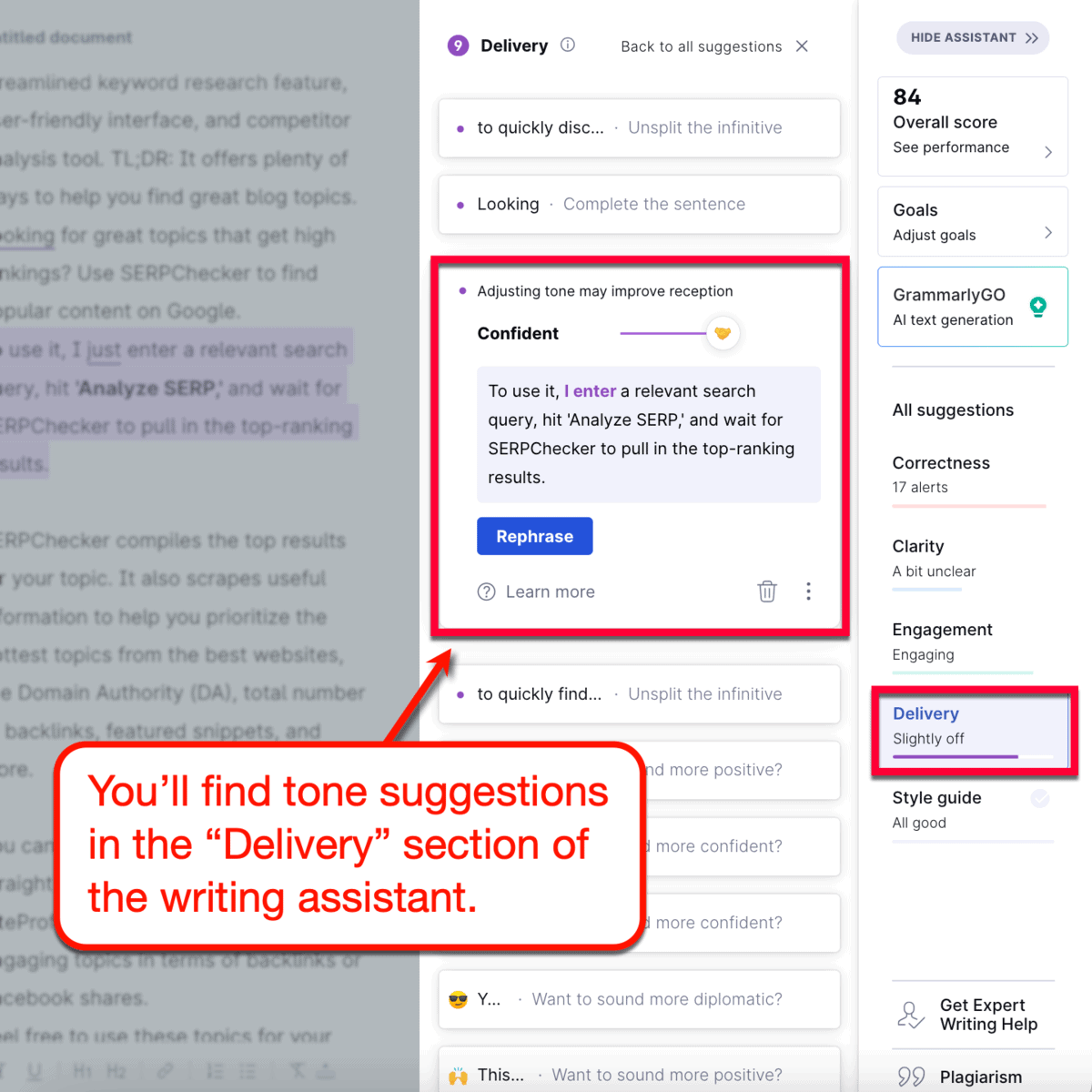 Delivery Suggestions in Grammarly Editor