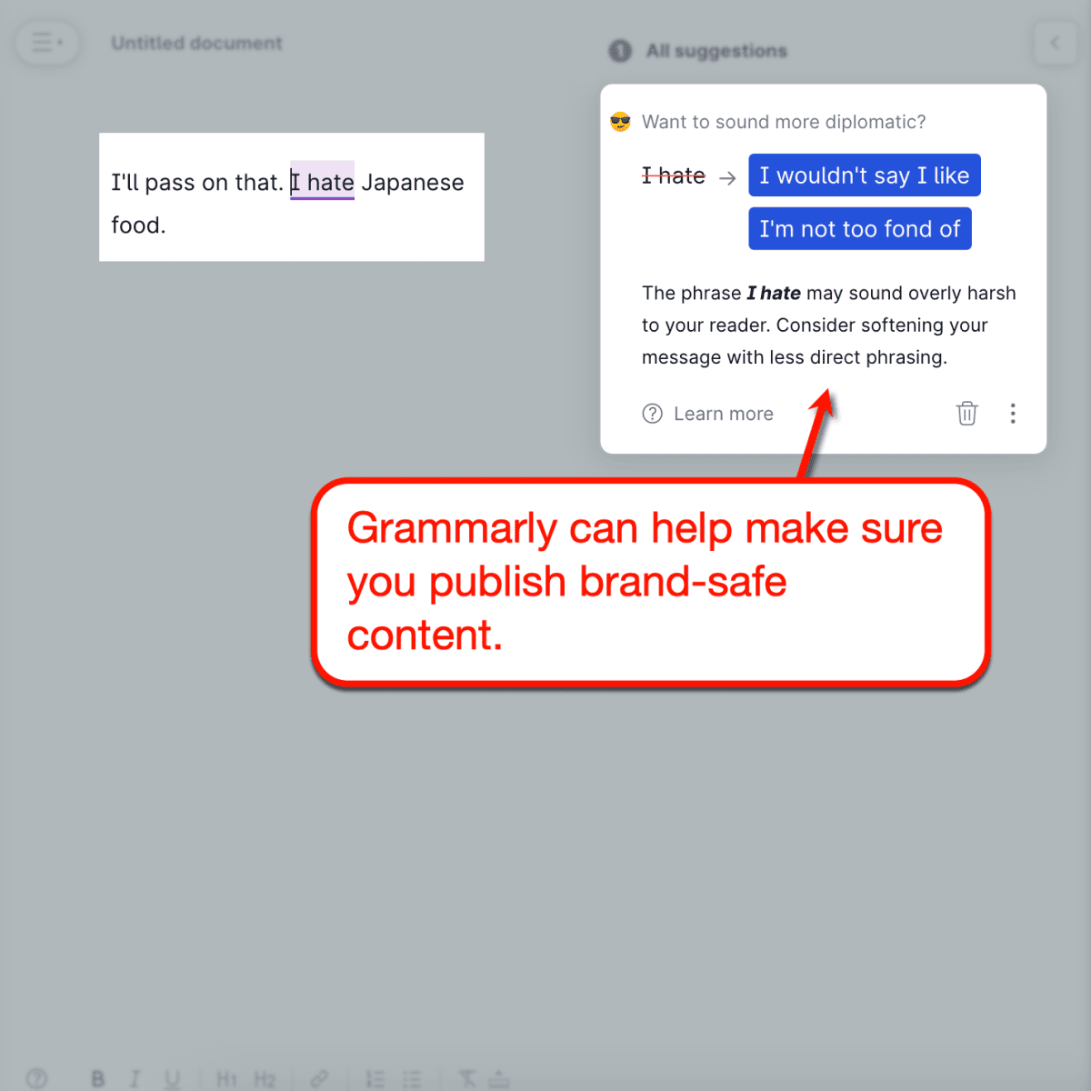 Grammarly diplomatic writing suggestion.