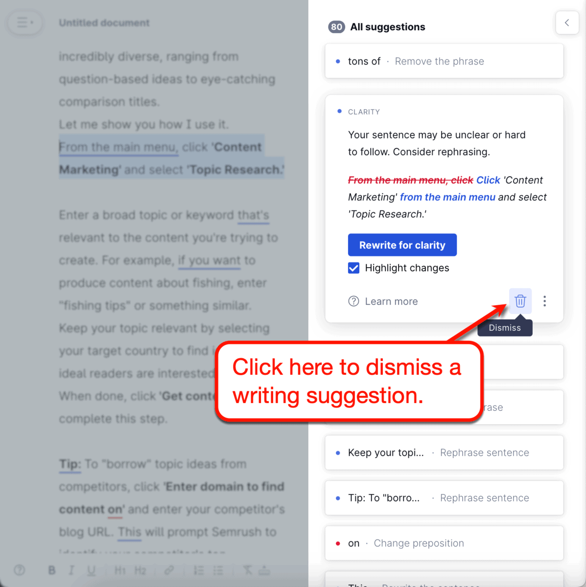 Grammarly Dismiss suggestion button
