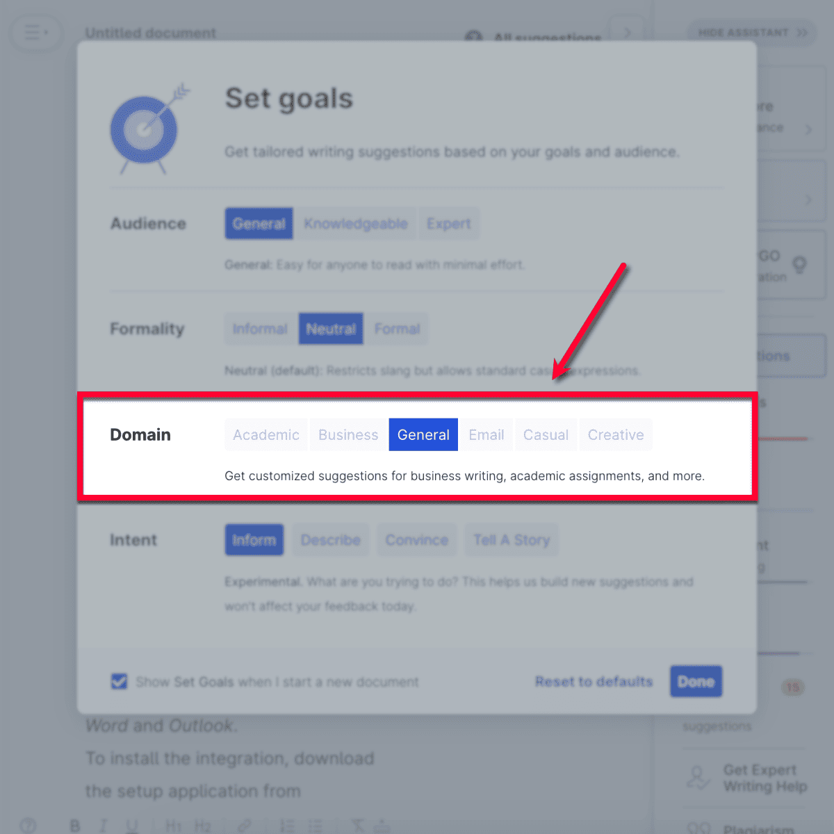 Setting Grammarly domain goals