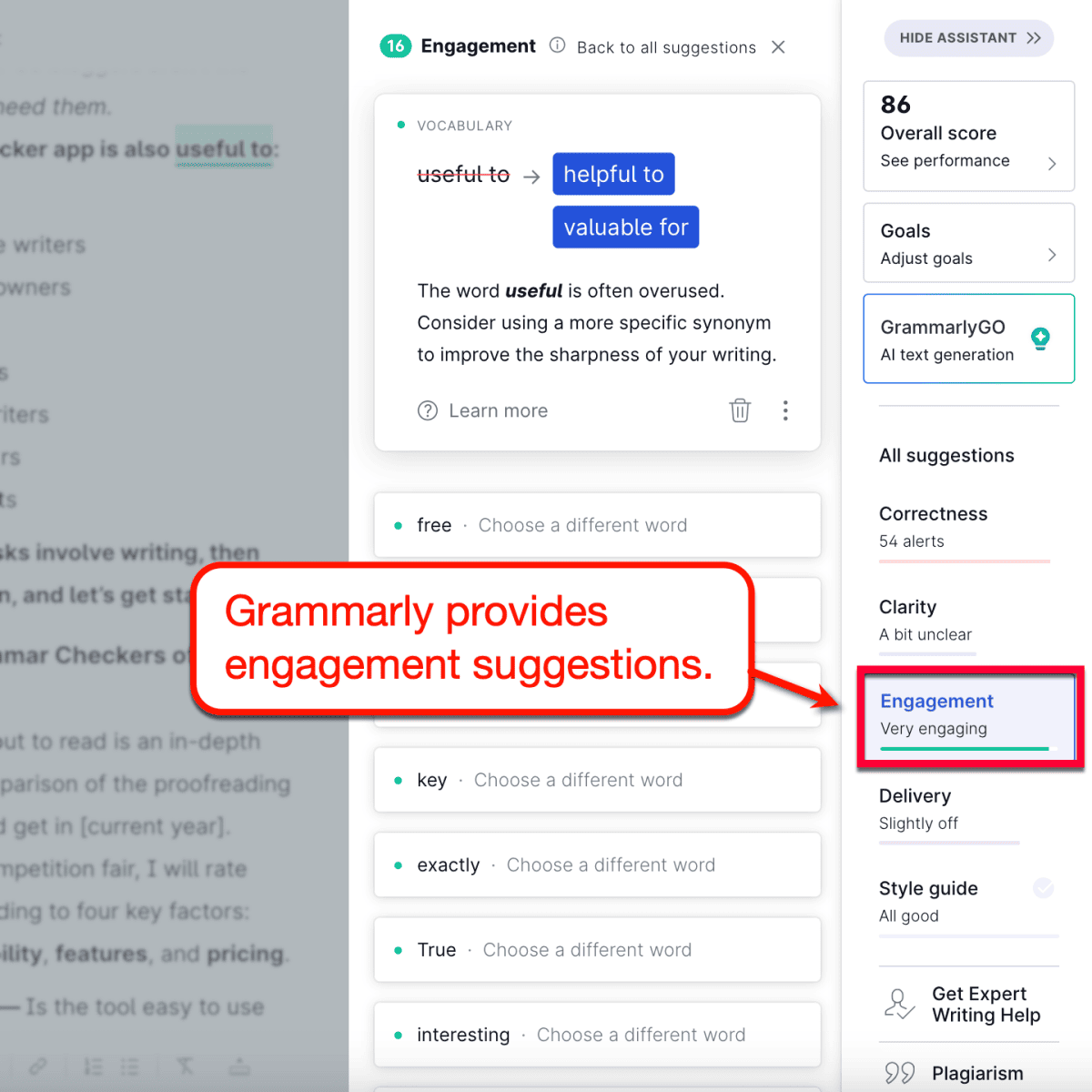 Grammarly showing writing suggestions to improve engagement