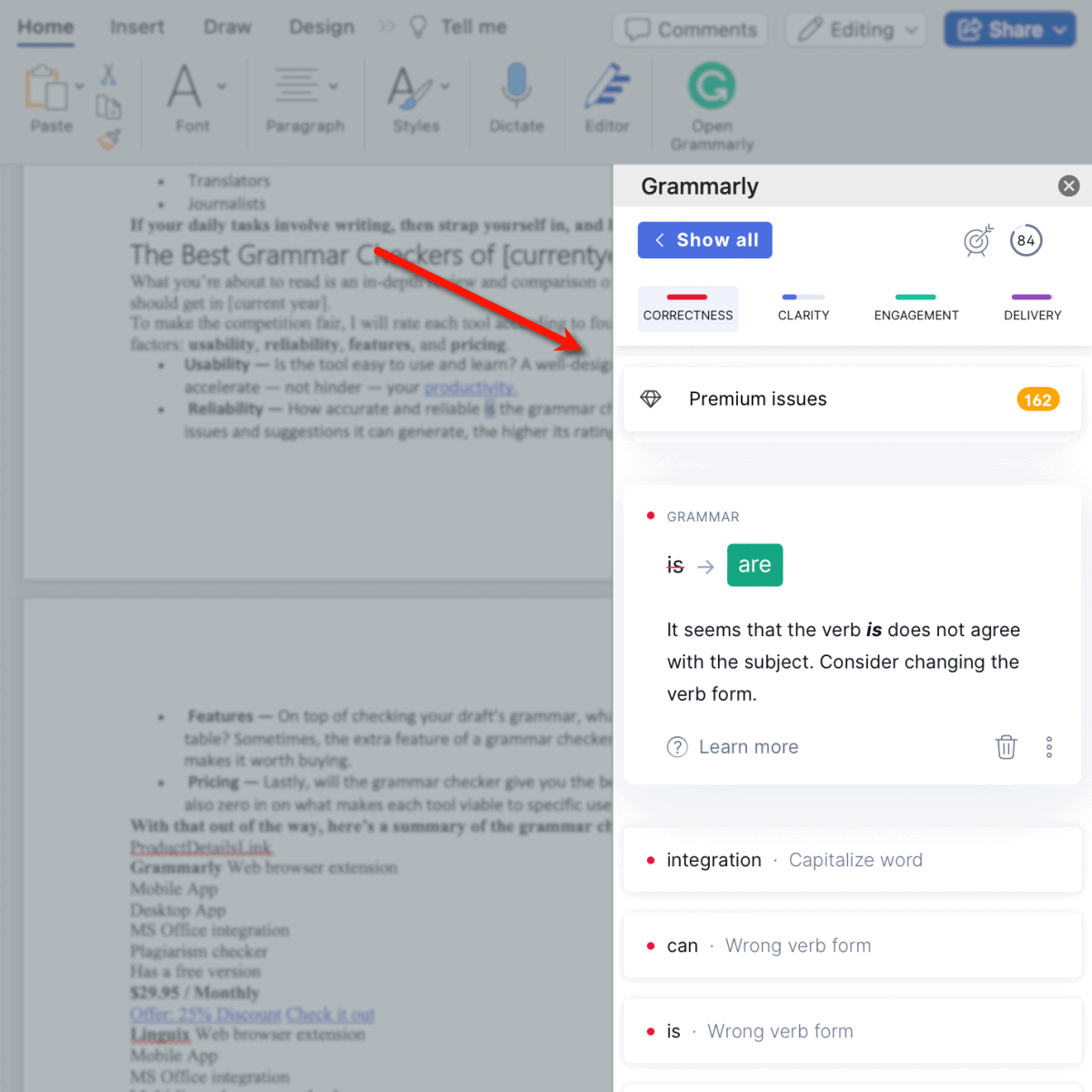 Grammarly on MS Word Integration
