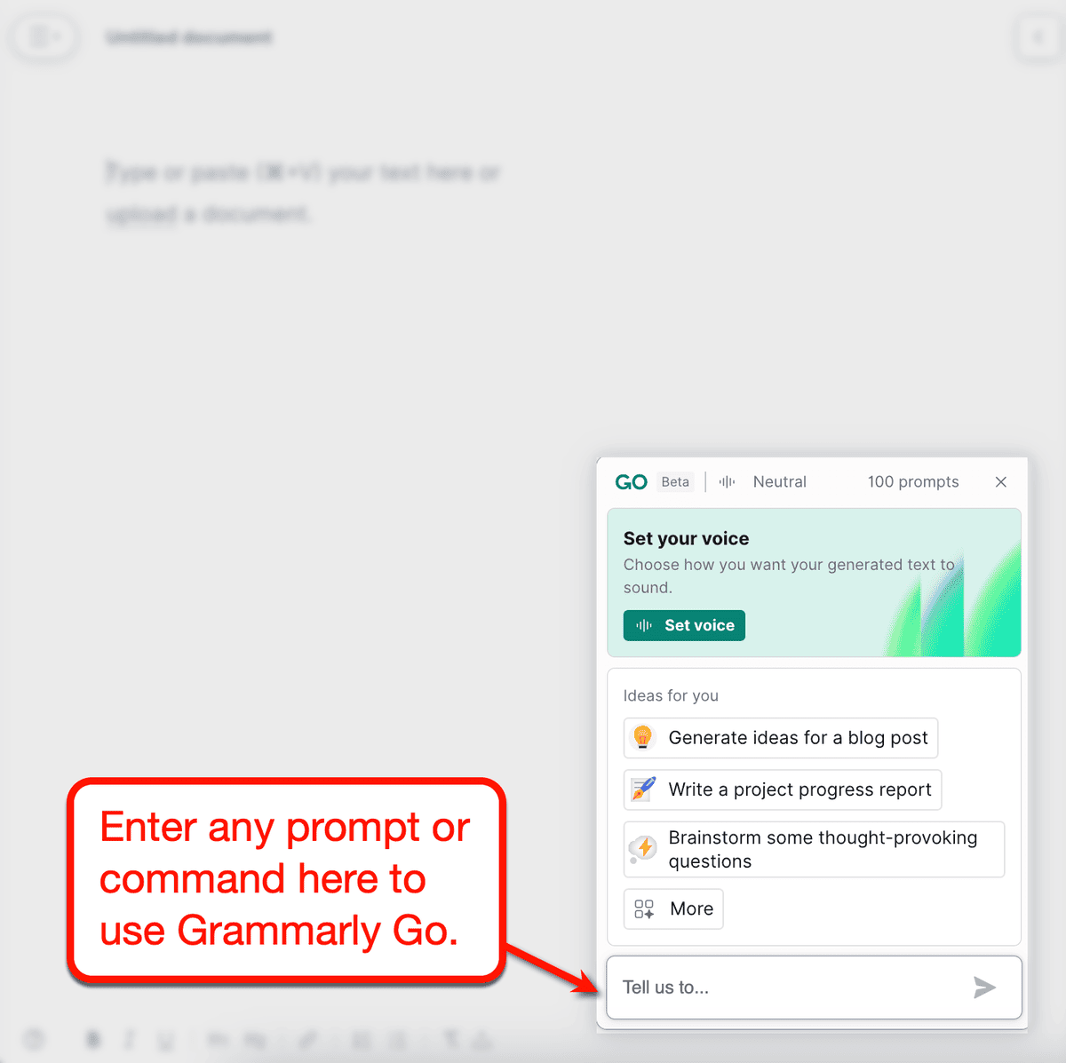 Grammarly Go main sidebar interface
