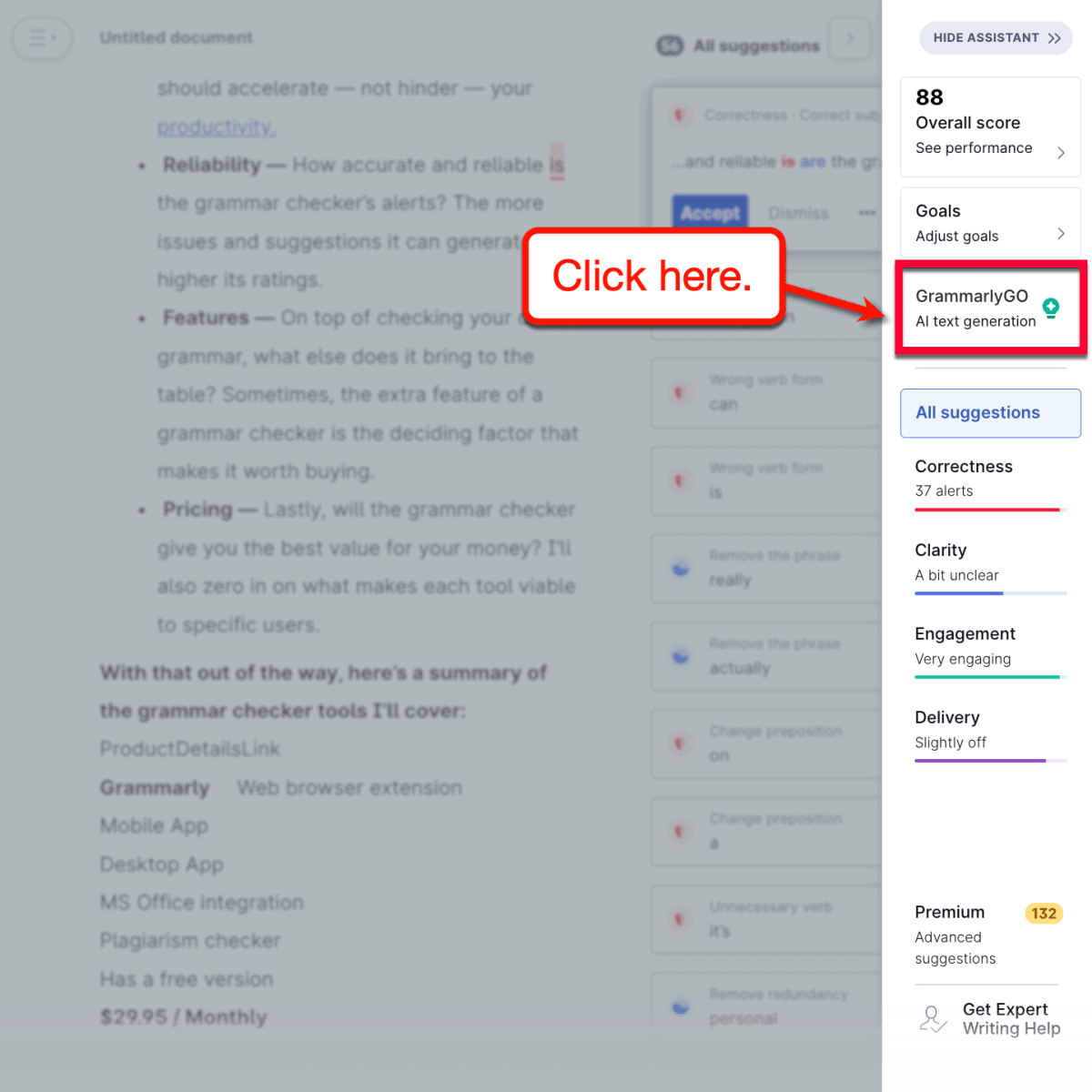 GrammarlyGo button in the writing assistant menu
