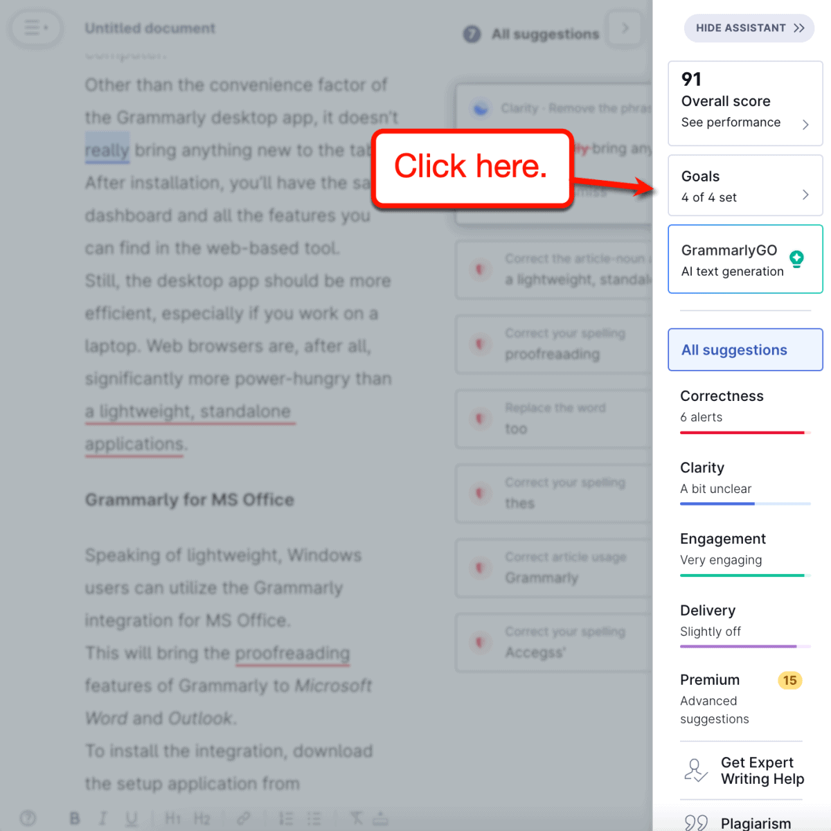 Grammarly goals button