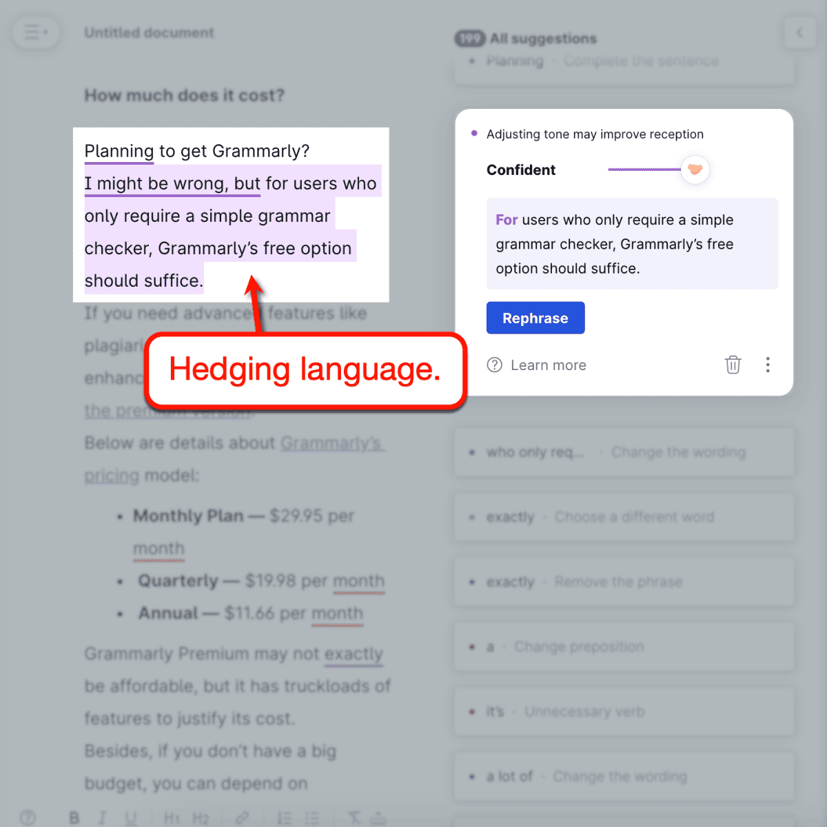 Grammarly detecting hedging language.