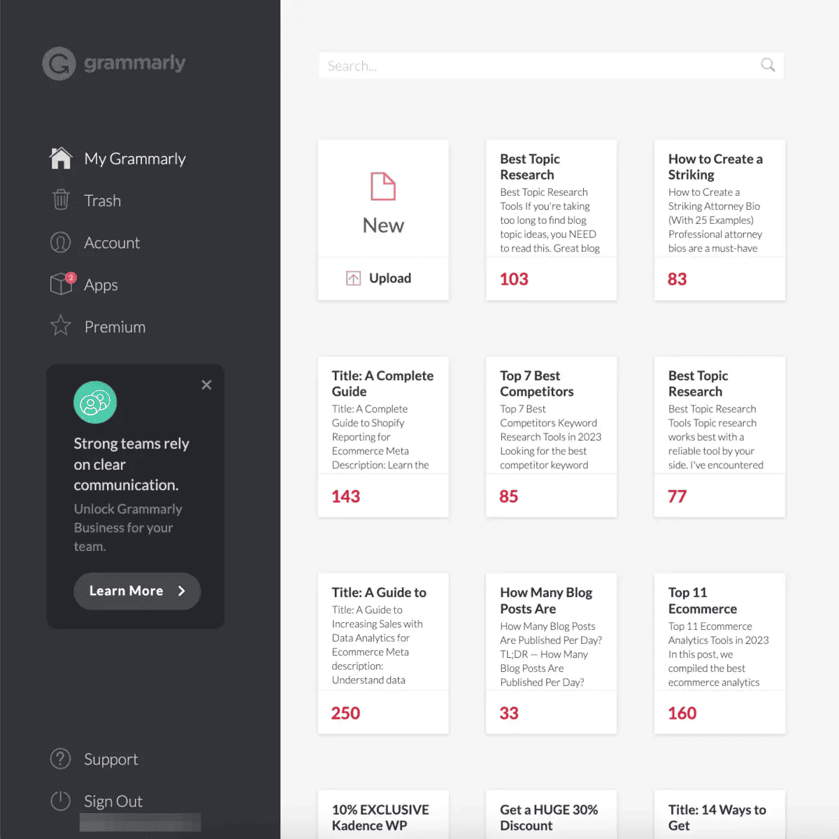"My Grammarly" page showing all saved drafts