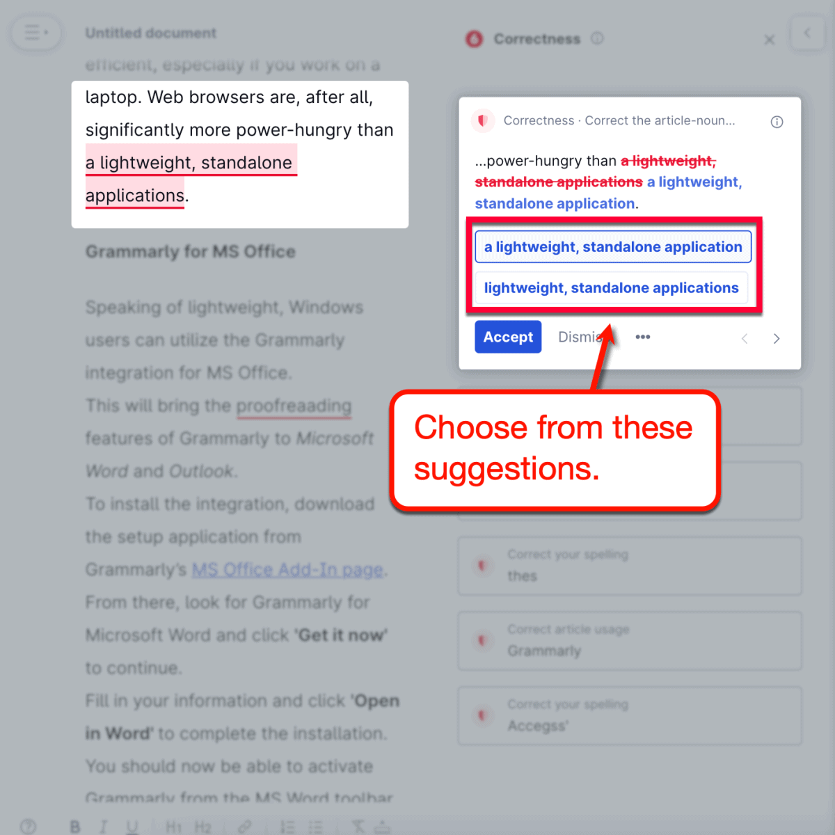 Choosing from multiple Grammarly suggestions