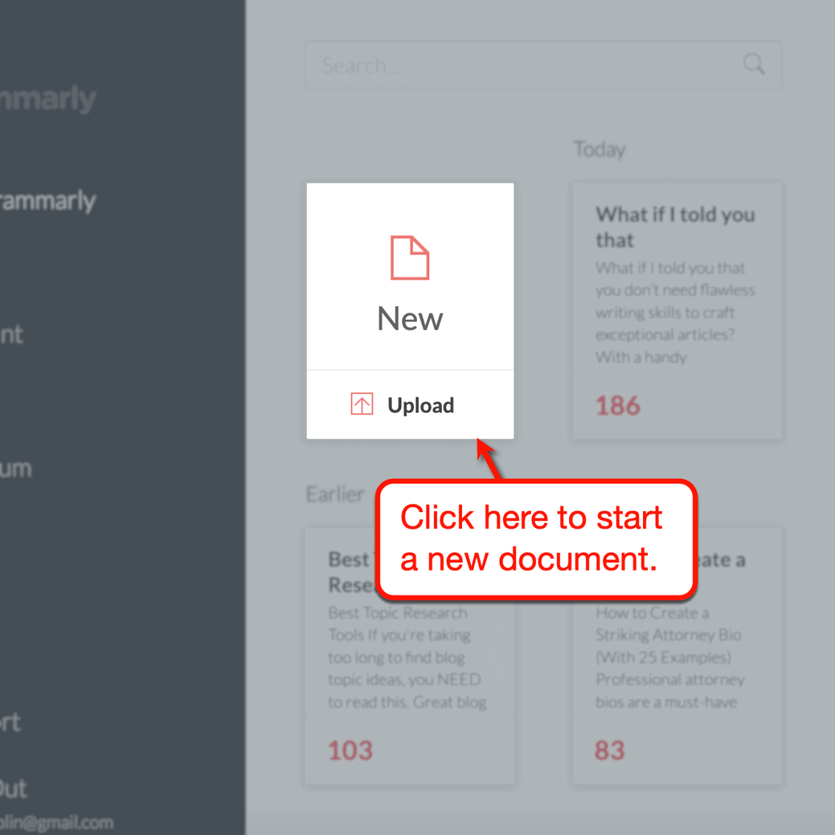 Grammarly New and Upload document buttons