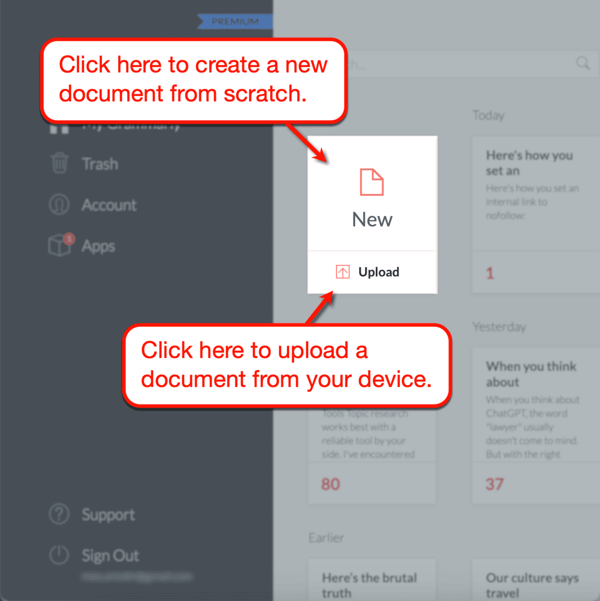 Grammarly New or Upload Button