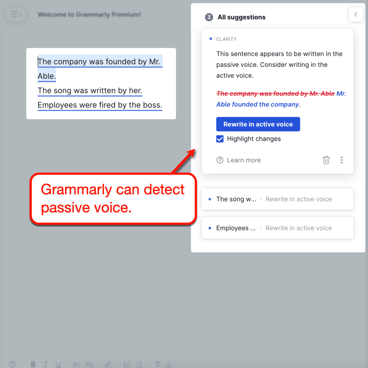 Grammarly detecting and suggesting a replacement for passive writing.