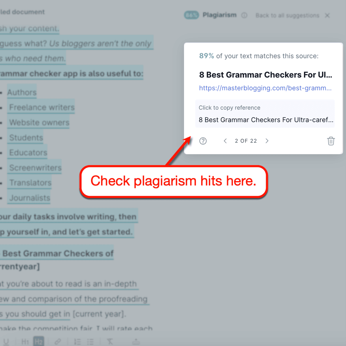 Grammarly plagiarism detection hits.
