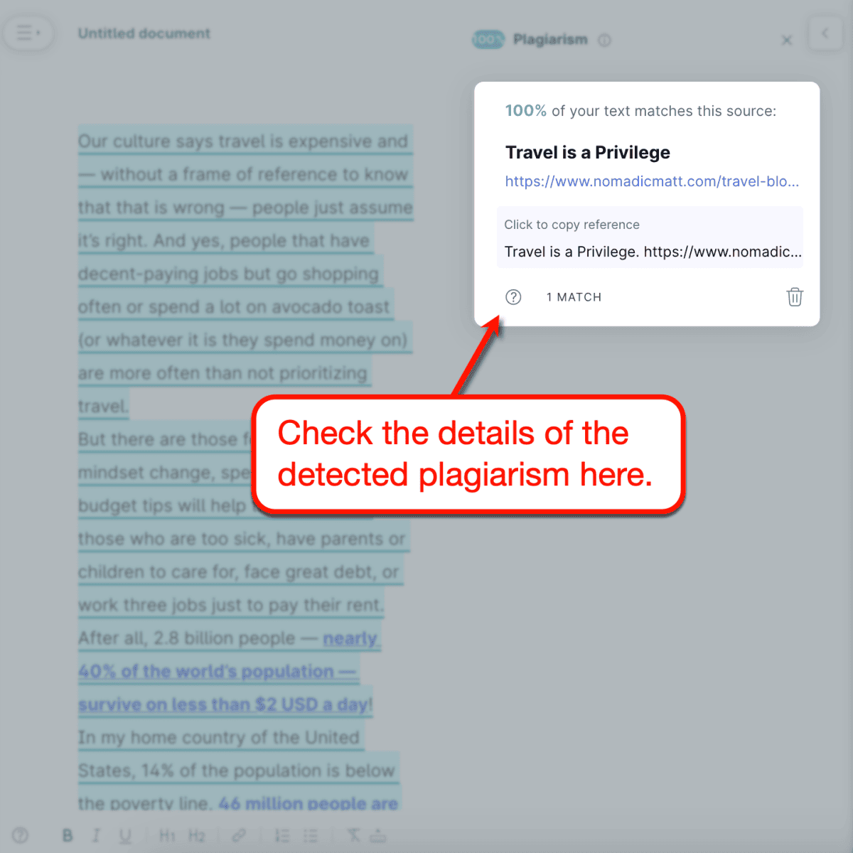 Grammarly Plagiarism Check results