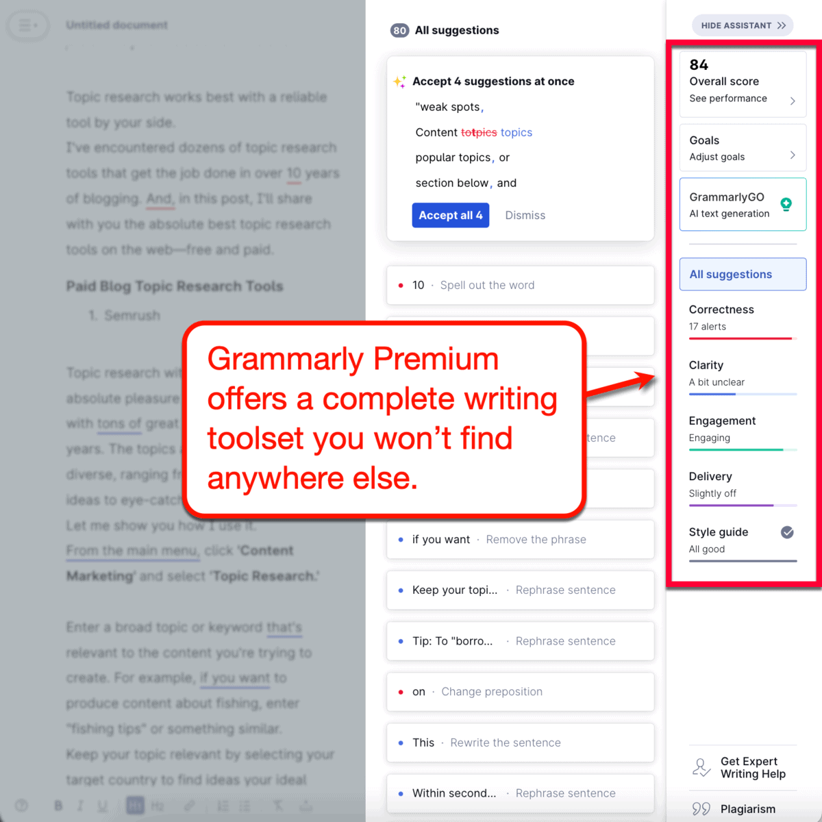 Grammarly Premium writing assistant panel