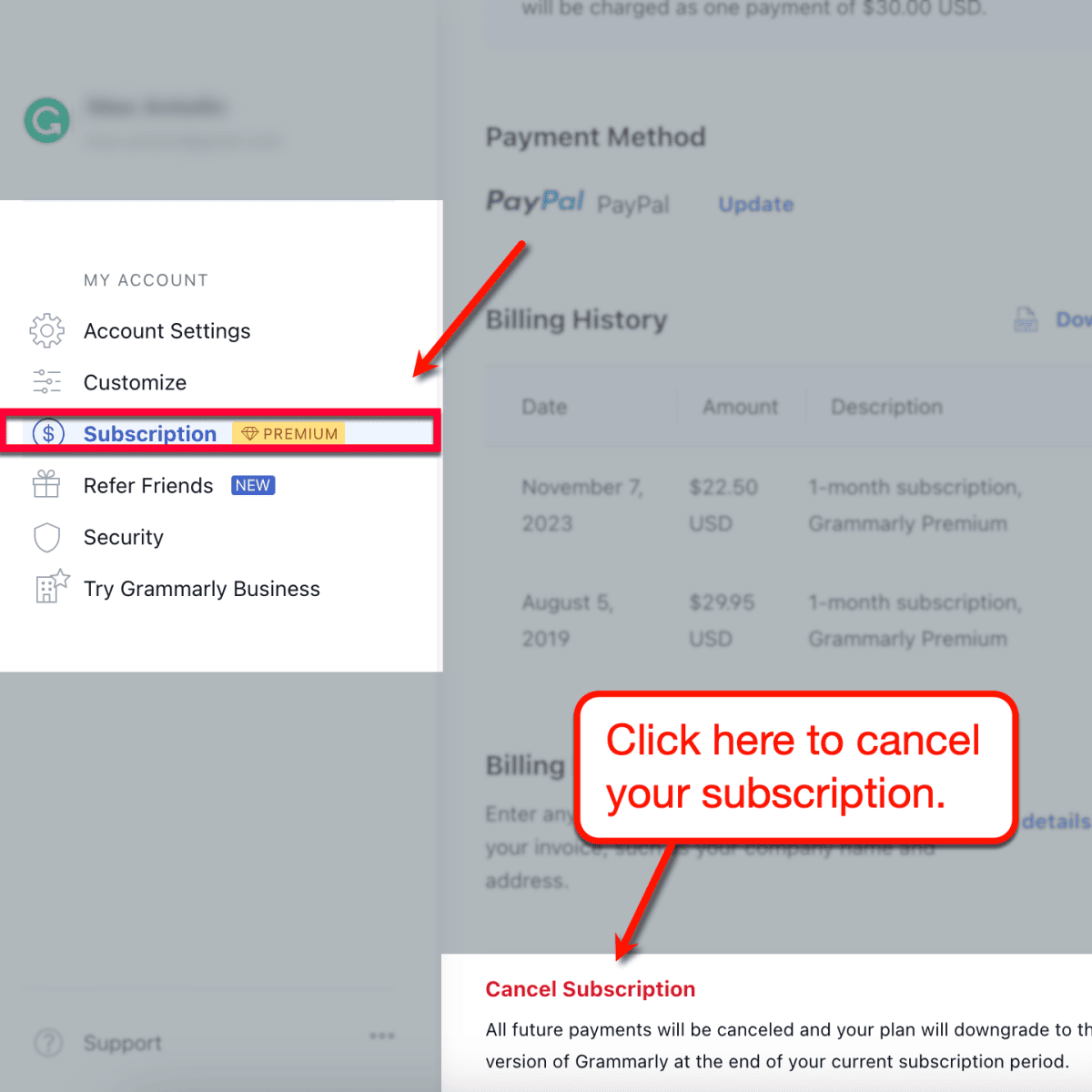 Grammarly Premium cancel subscription button