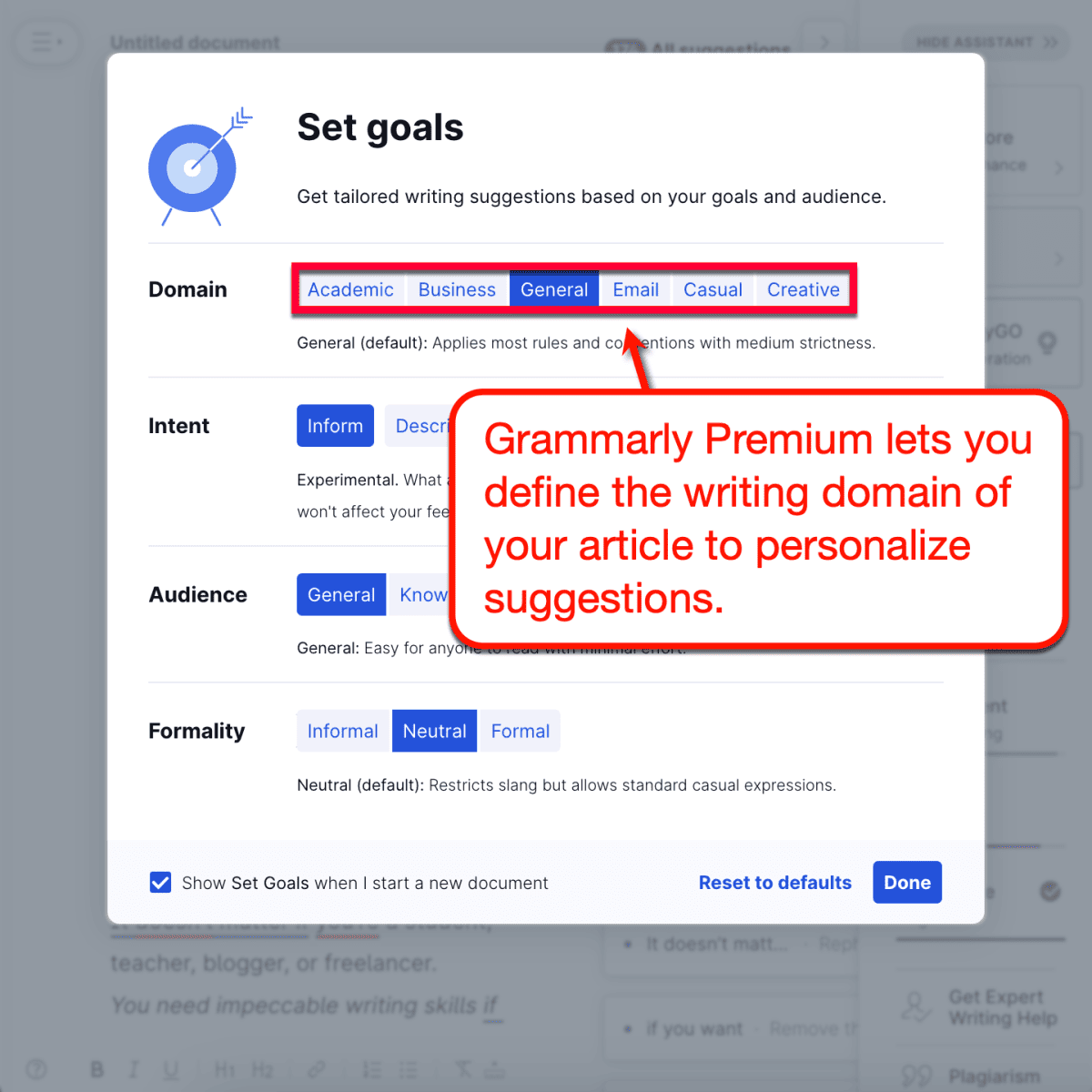 Grammarly Premium domain goals