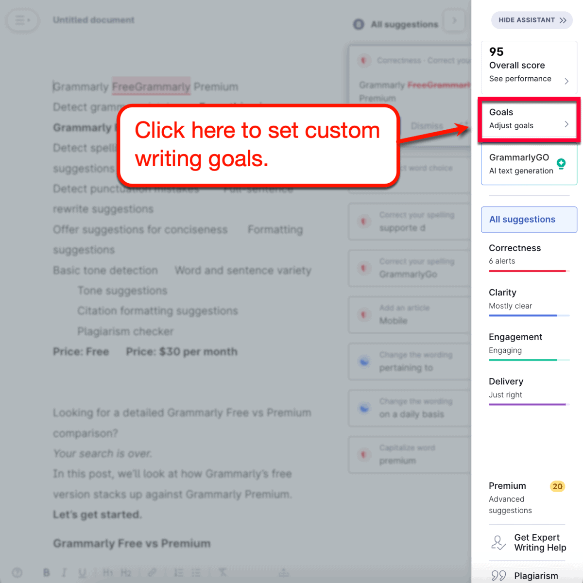 Setting custom writing goals with Grammarly