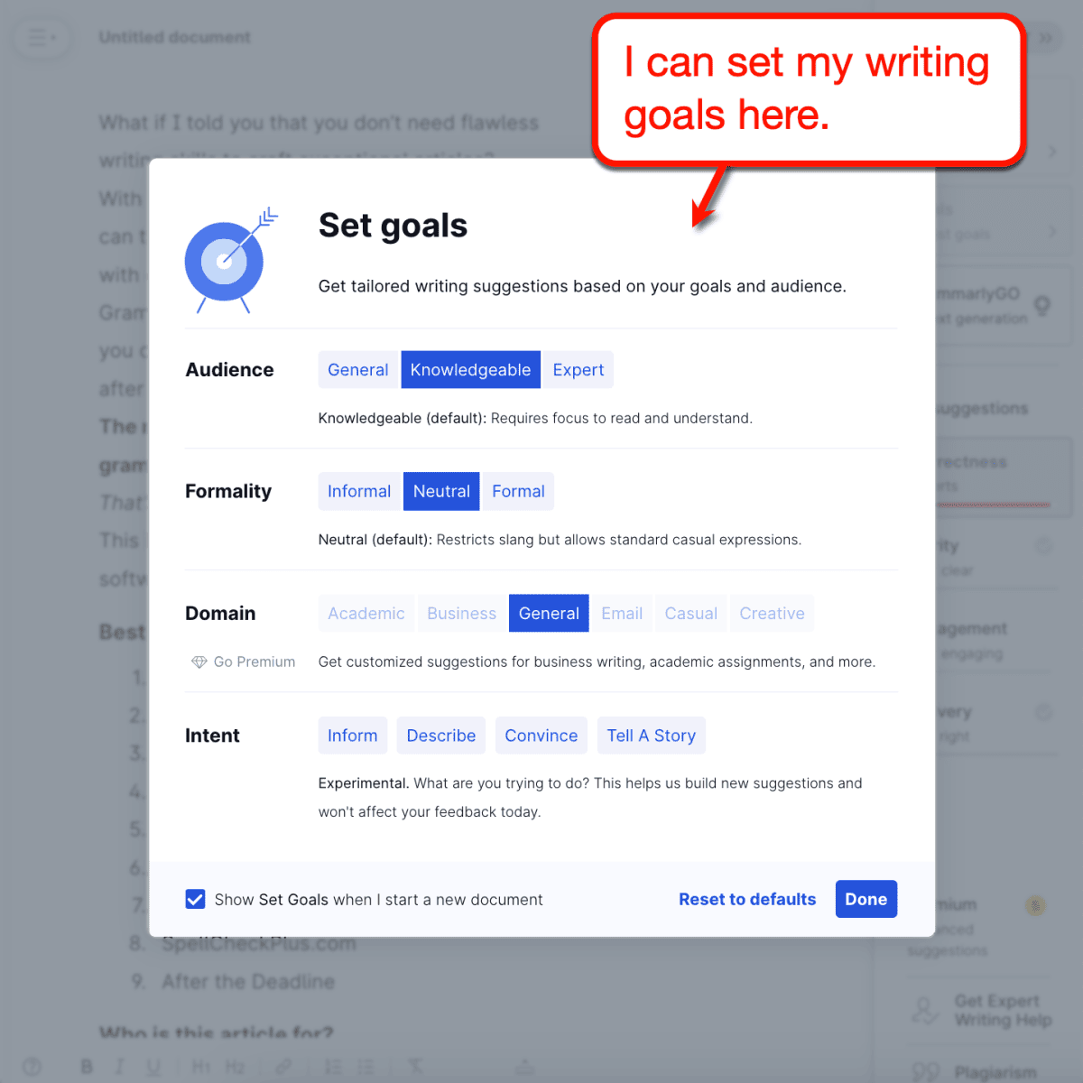 Seting Grammarly writing goals