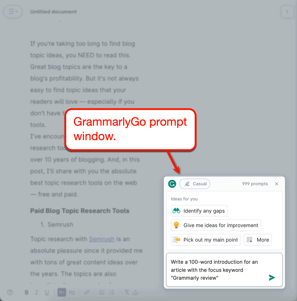GrammarlyGo prompt user interface