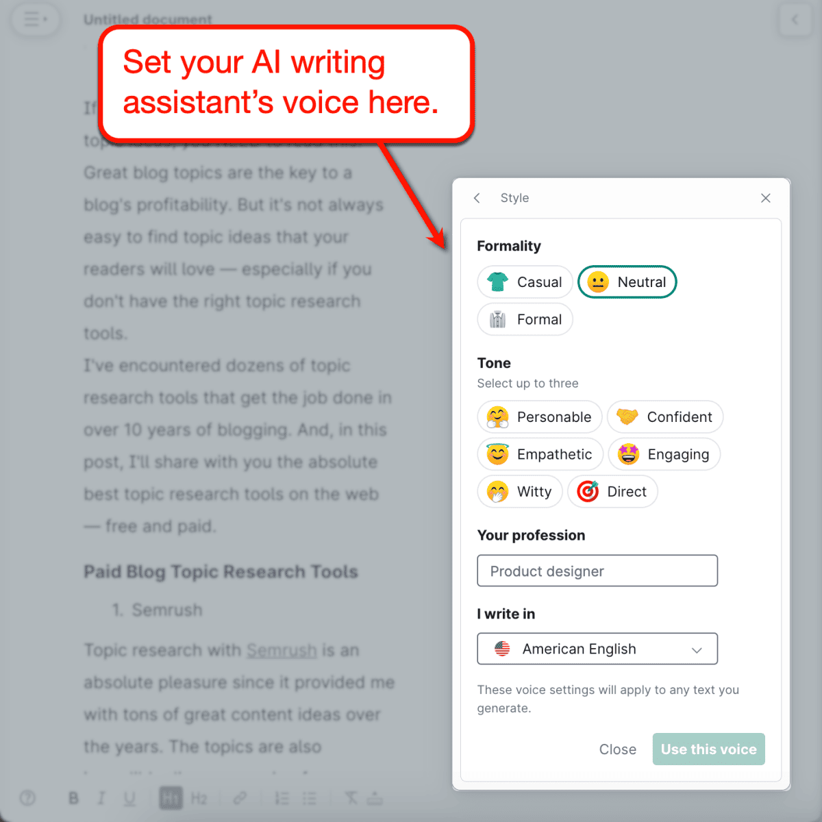 Setting a writing voice for GrammarlyGo