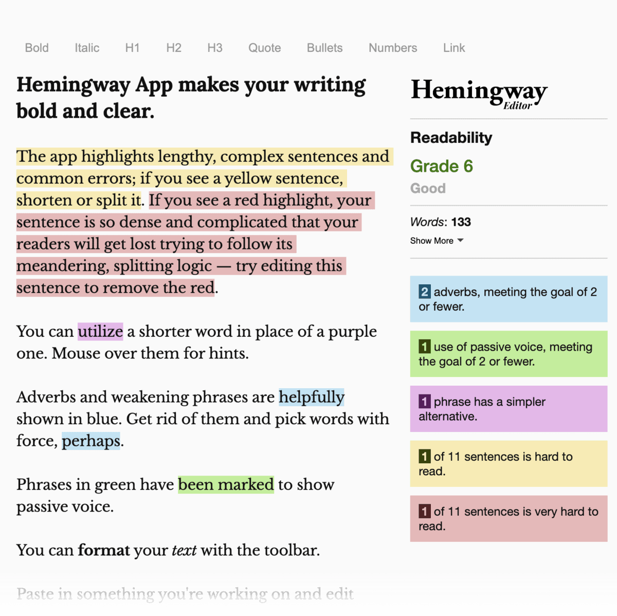 Hemingway beta interface with sample text