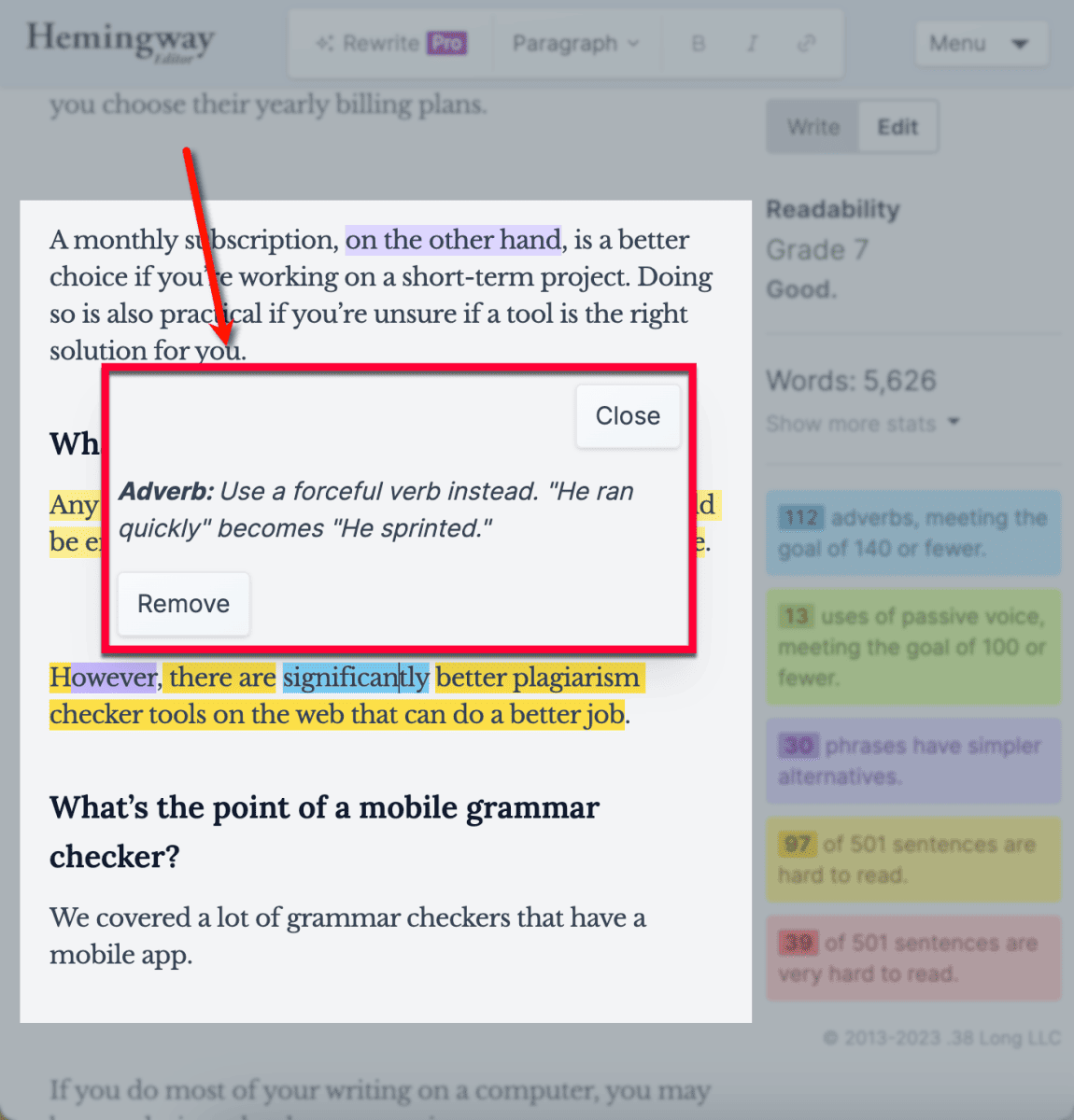 Hemingway Remove button