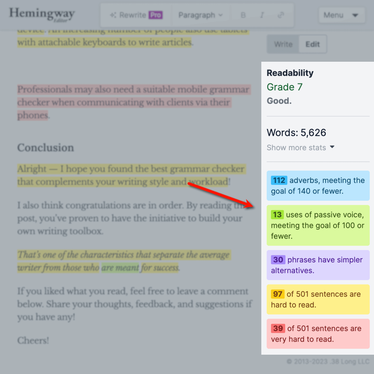 Hemingway App readability report