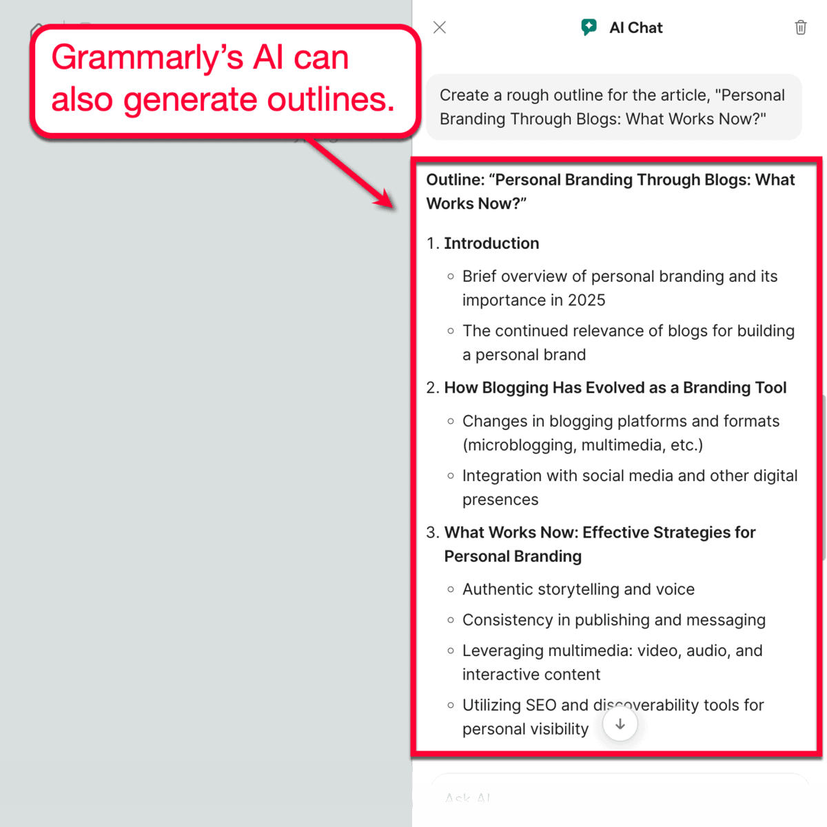 Grammarly AI Chat Generating Outline
