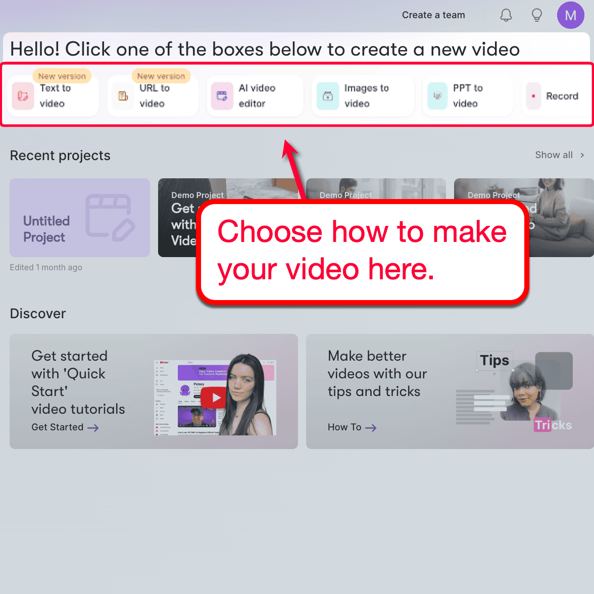 Pictory options for creating AI videos