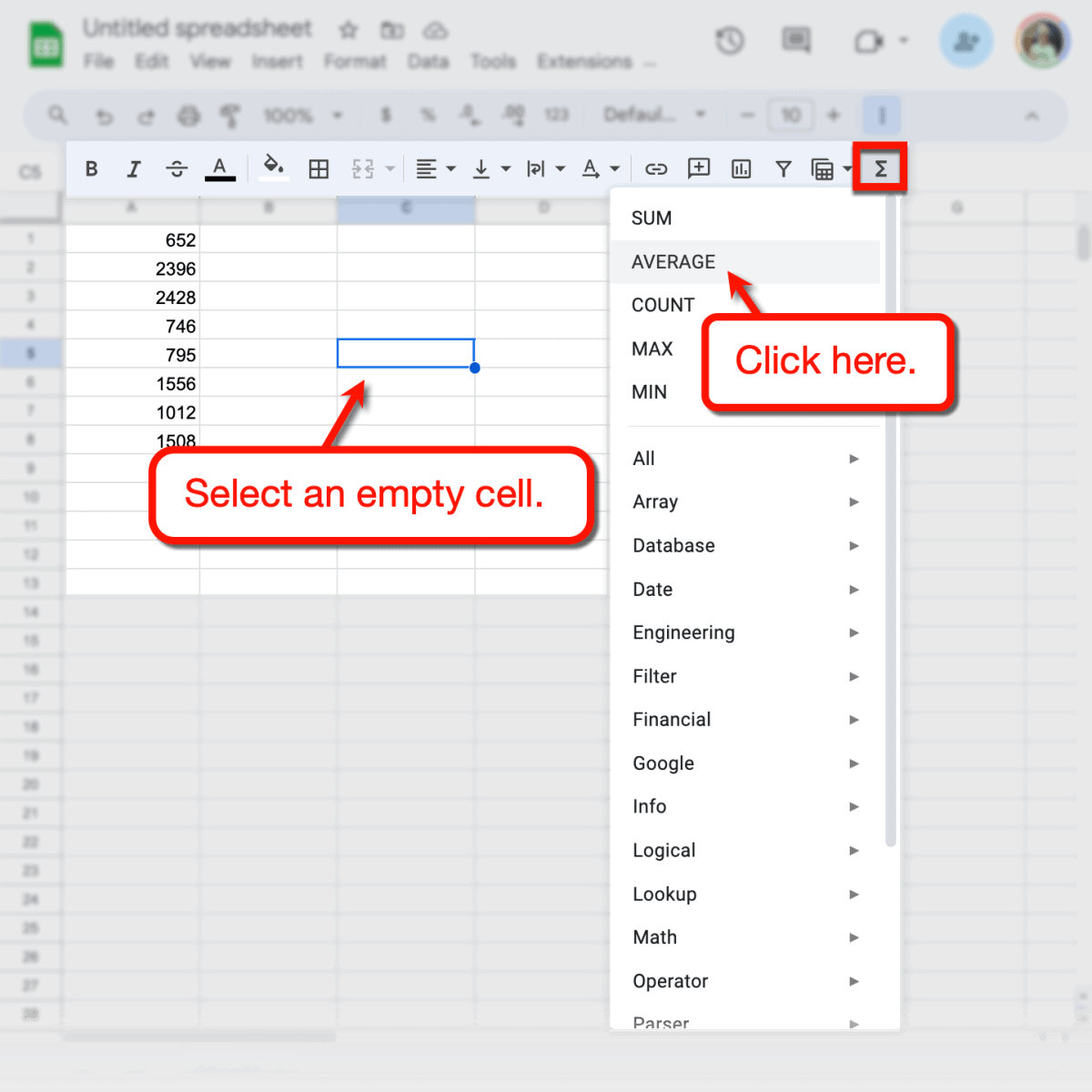 Google Sheets average function