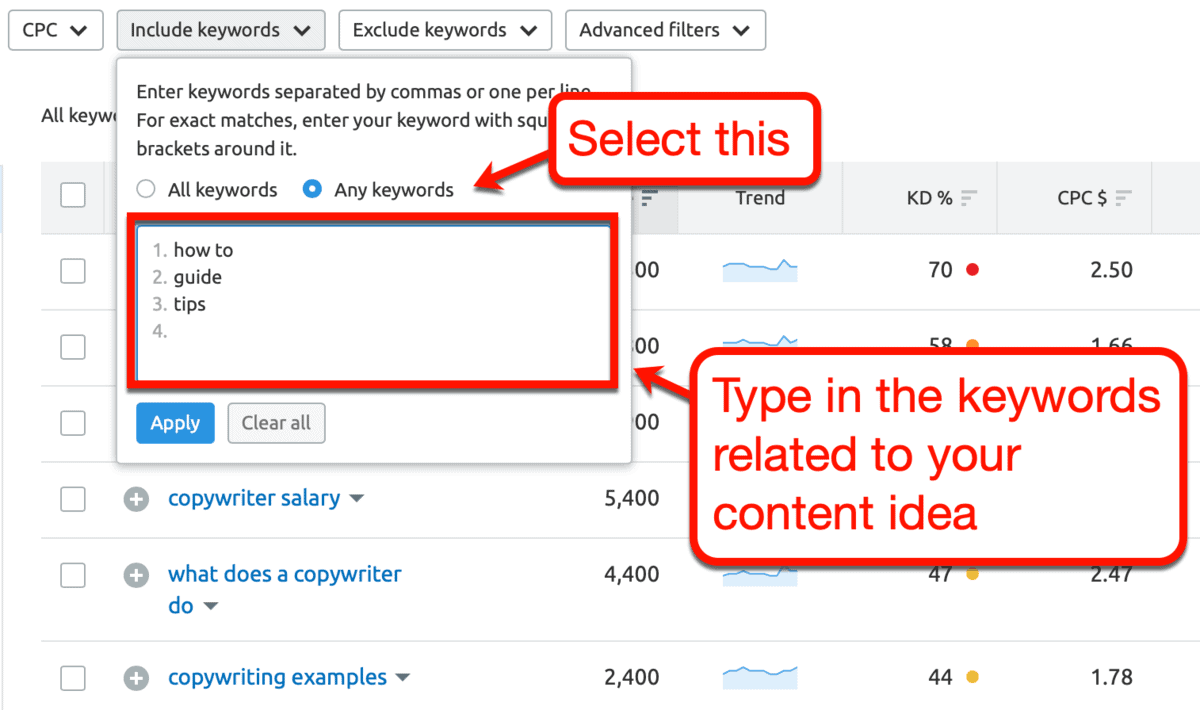 Keyword Magic Tool Include Keywords Filter