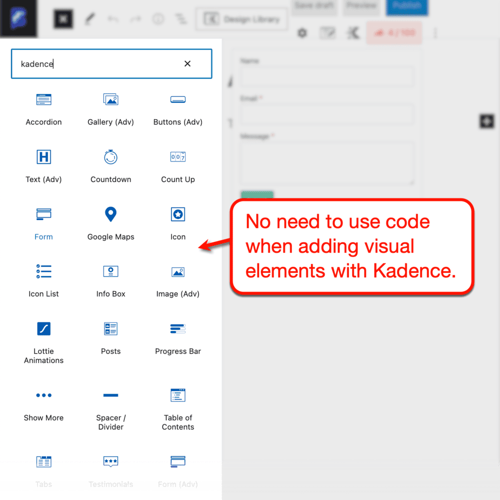 Kadence Blocks Interface in WordPress Editor