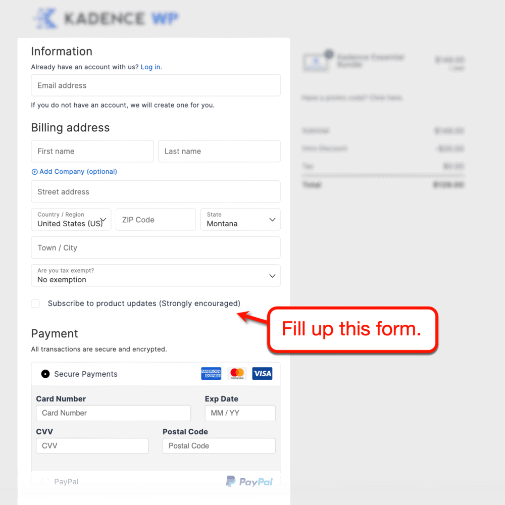 Kadence WP Checkout form
