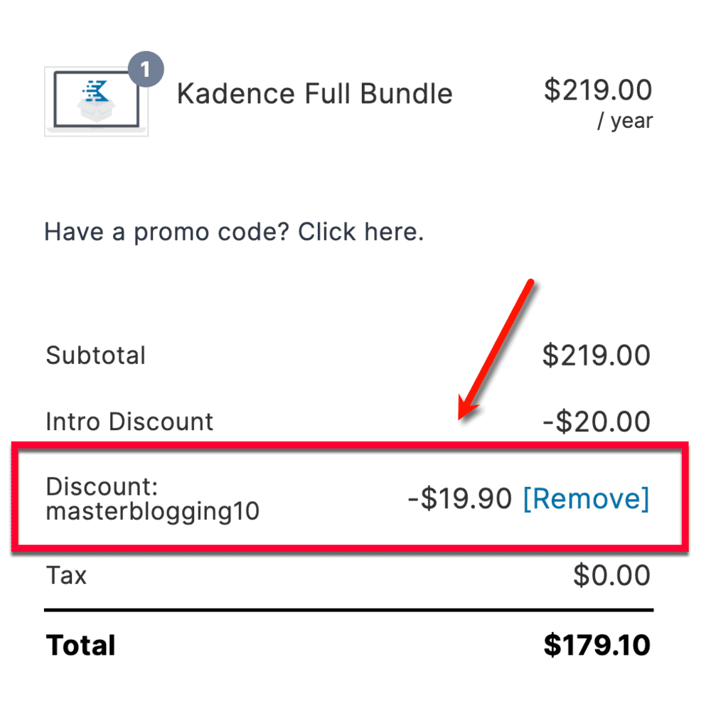 Master Blogging coupon code applied to Kadence WP