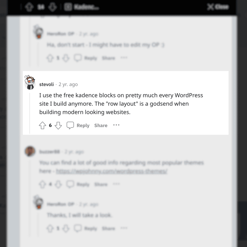 Kadence WP feedback on Reddit