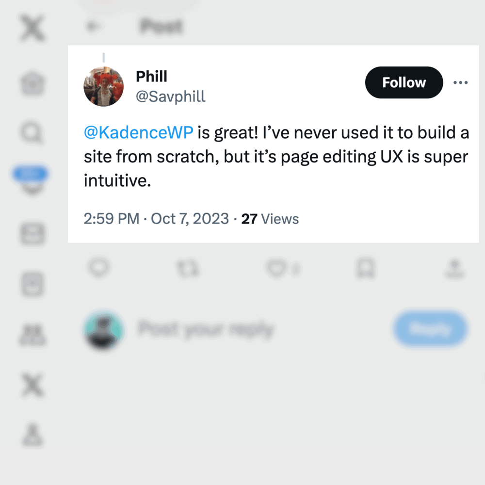 Kadence WP positive feedback on Twitter or X