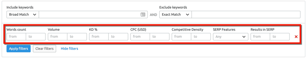 Keyword Magic Tool Advanced Filter Options