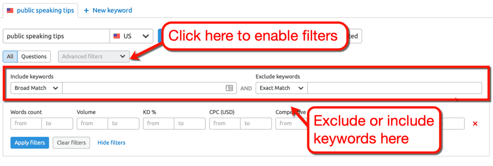 Keyword Magic Tool Advanced Filters