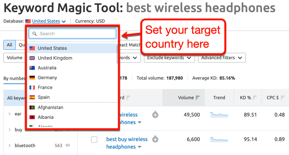 Selecting a Different Database in Keyword Magic Tool