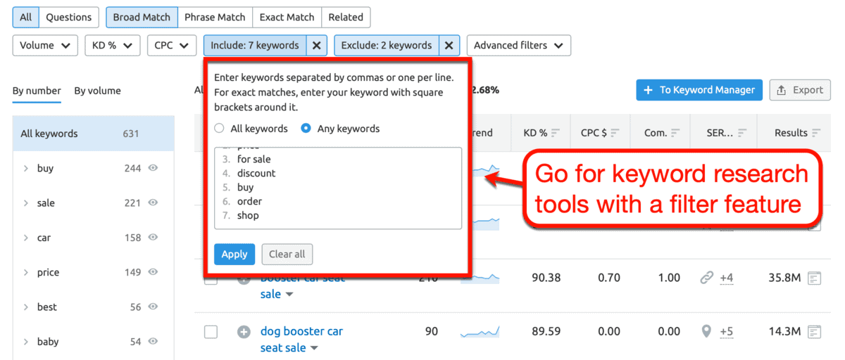 Keyword Magic Tool Filters