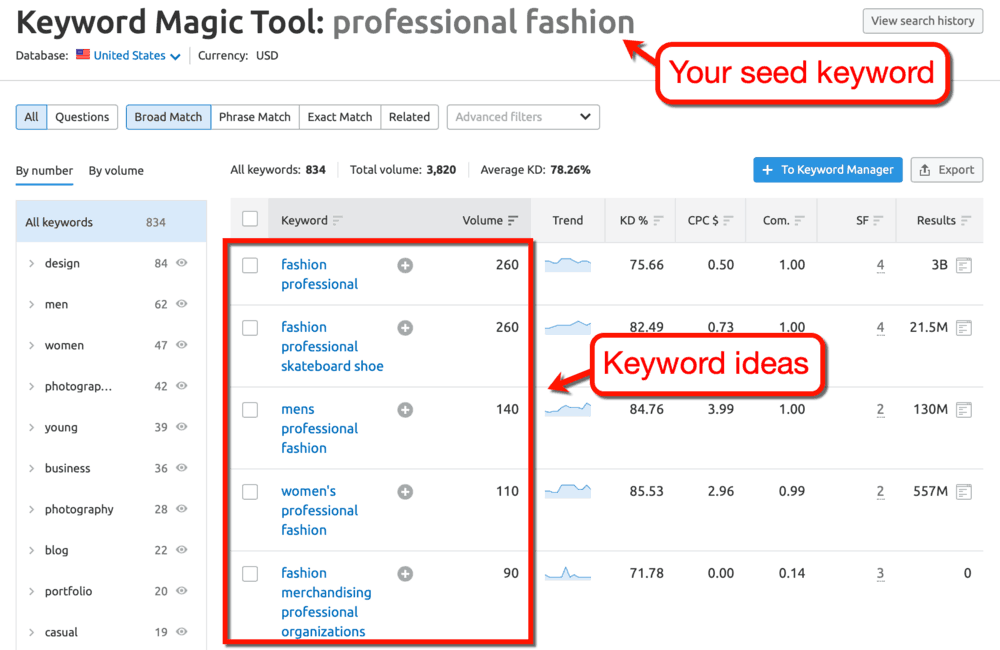Keyword Magic Tool Results for Professional Fashion