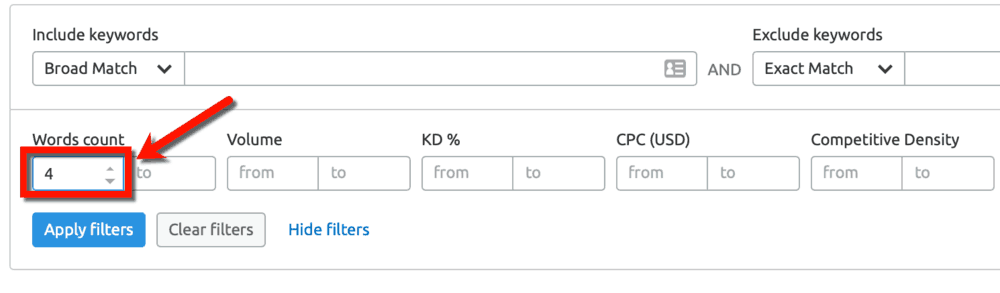 Keyword Magic Tool Long-Tail Keywords Filter