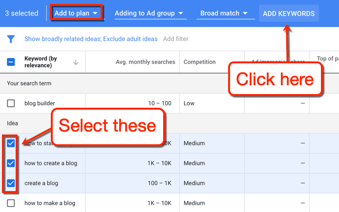 Keyword Planner Select and Add Keywords